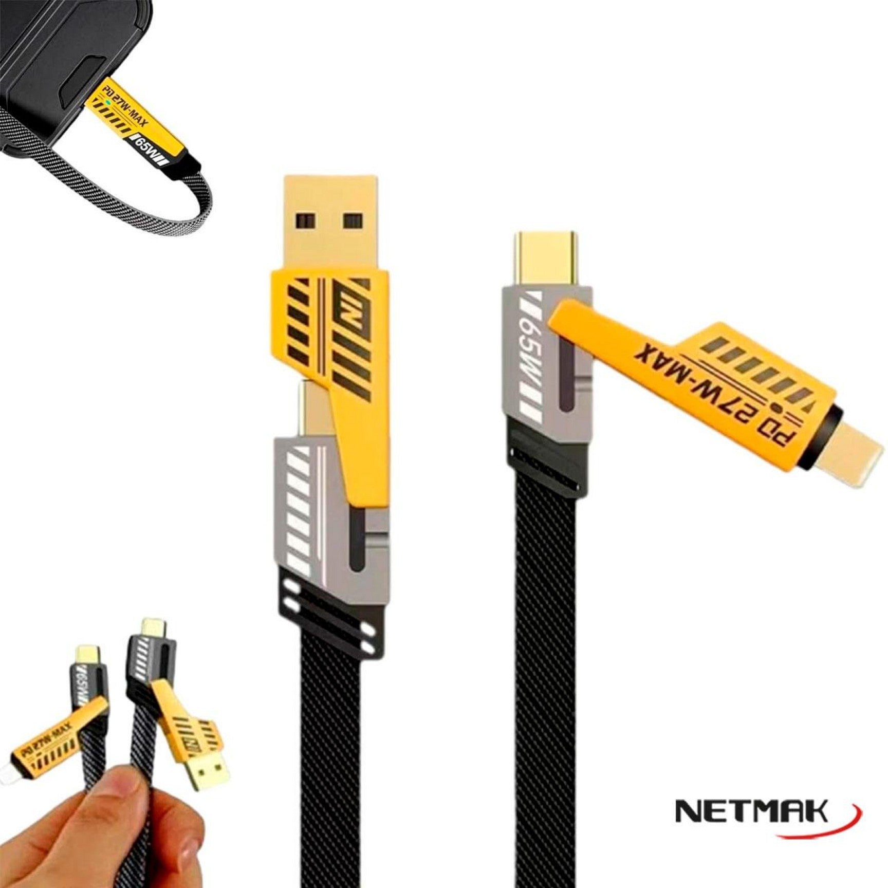 Cable USB 4 en 1 Reforzado Carga Rápida 60W USB-A + Tipo C + Lightning Netmak NM-123