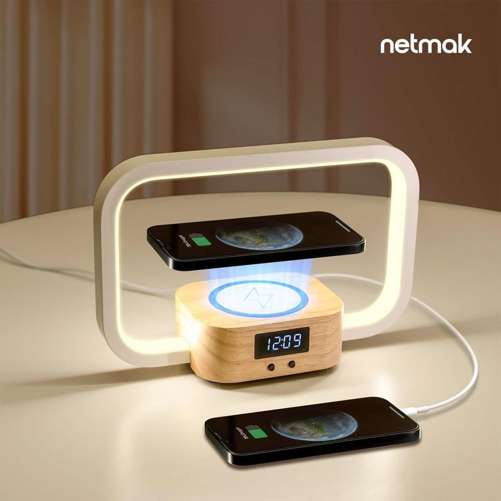 Lámpara LED Velador Reloj Digital con Cargador Inalámbrico 15W Netmak NM-LUMINA