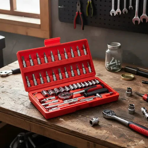 KIT SET DE HERRAMIENTAS 46 PIEZAS - LLAVES TUBOS + PUNTAS DESTORNILLADOR
