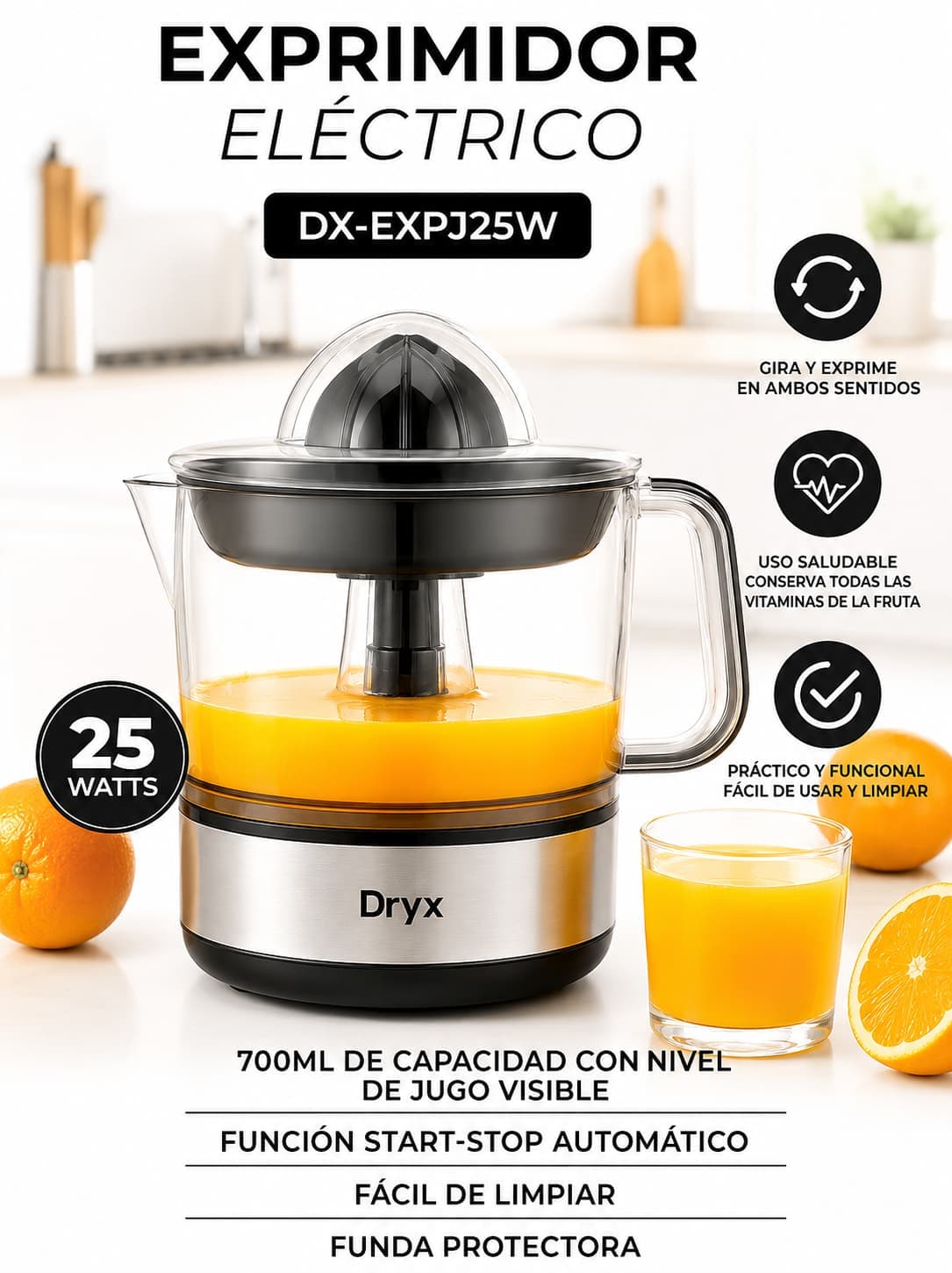 Exprimidor Eléctrico de Cítricos Dinax DXEXPJ25W 25W