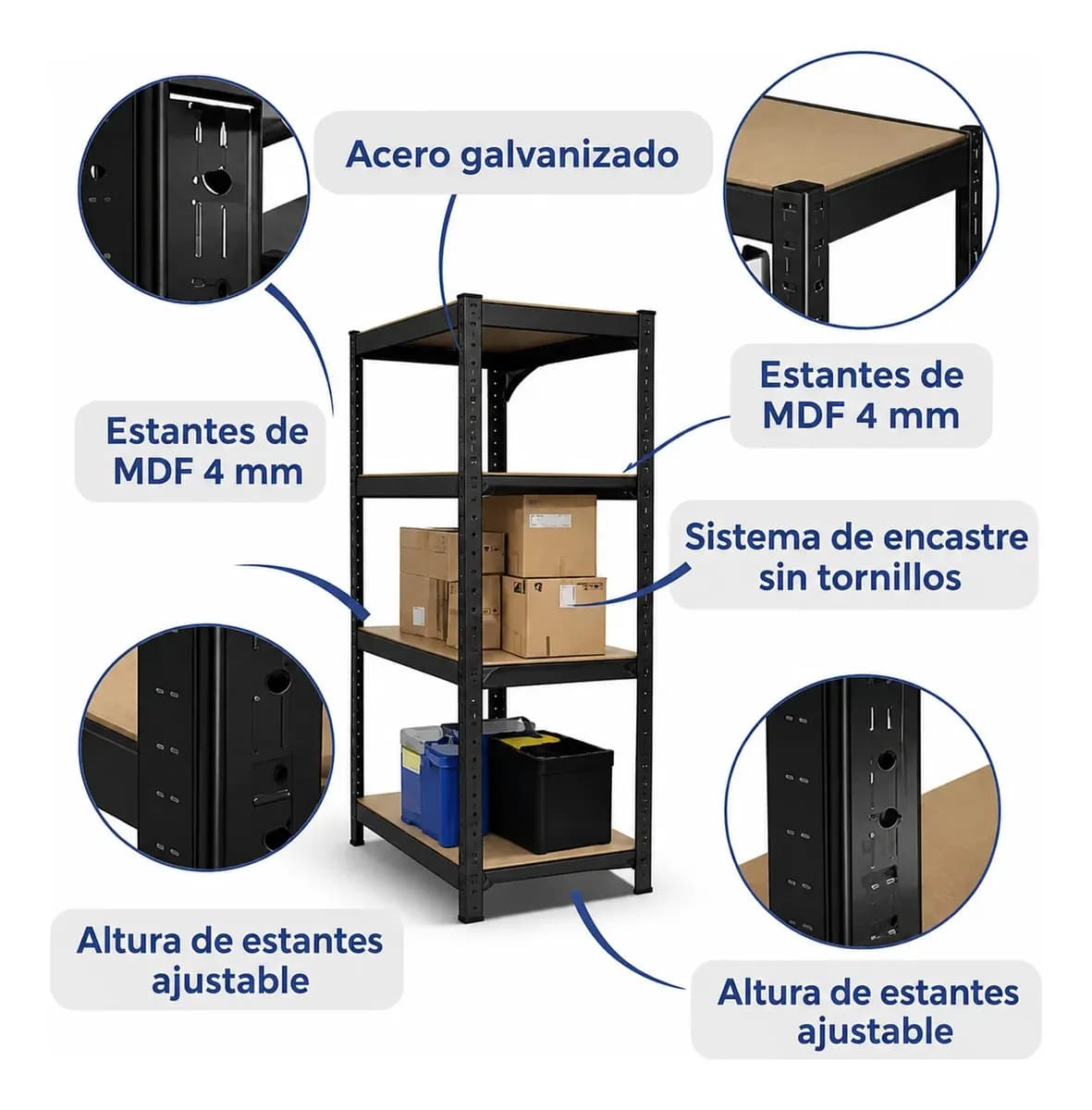 Estantería Metálica Encastrable 5 Niveles Negra 180x90x40 cm Reforzada