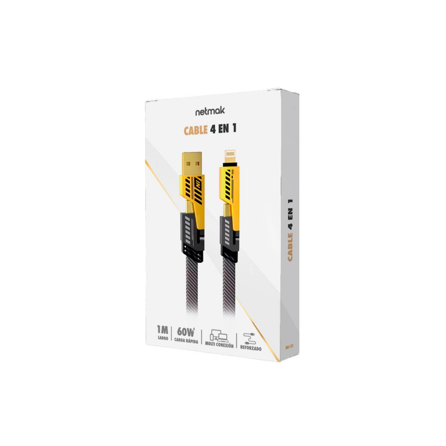 Cable USB 4 en 1 Reforzado Carga Rápida 60W USB-A + Tipo C + Lightning Netmak NM-123