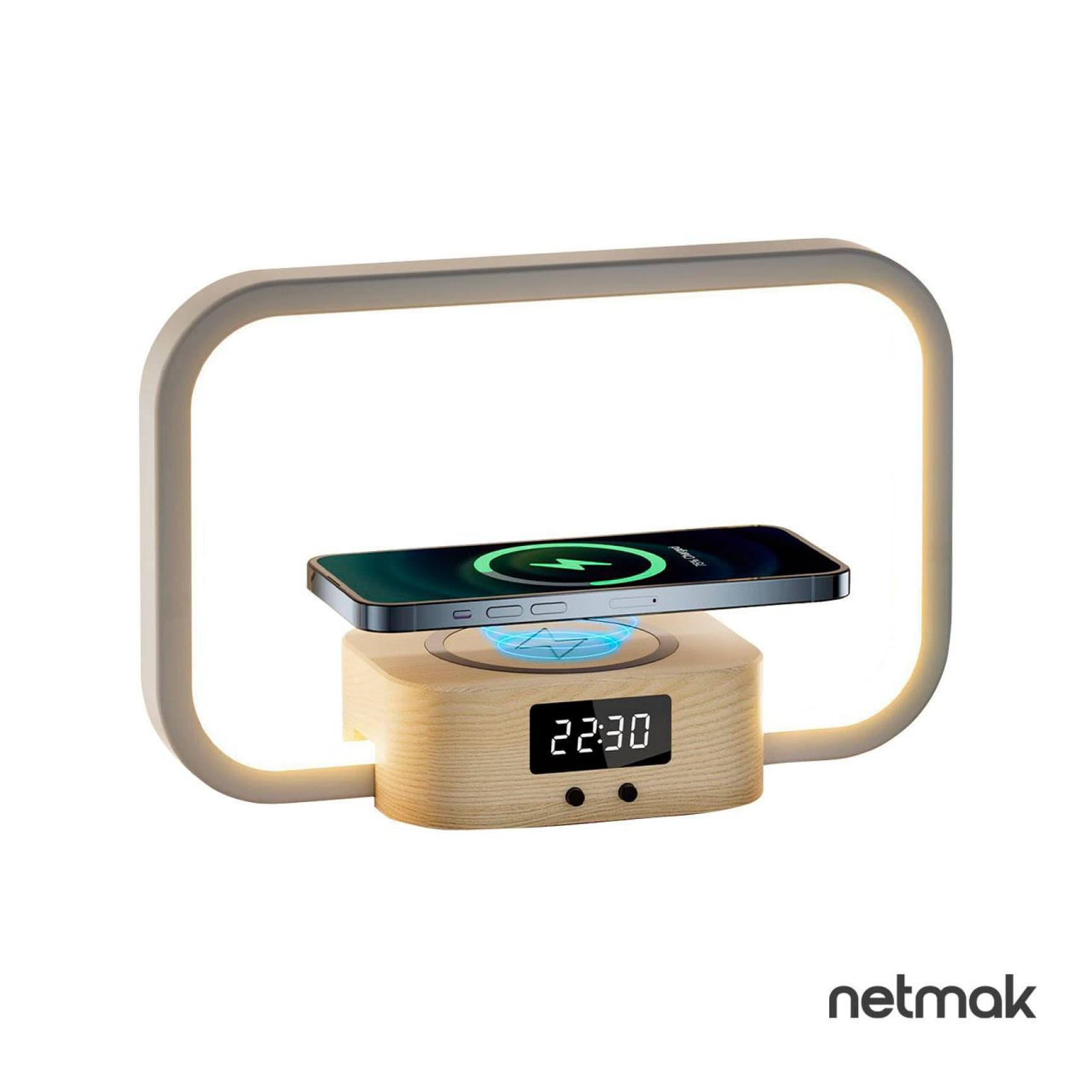 Lámpara LED Velador Reloj Digital con Cargador Inalámbrico 15W Netmak NM-LUMINA