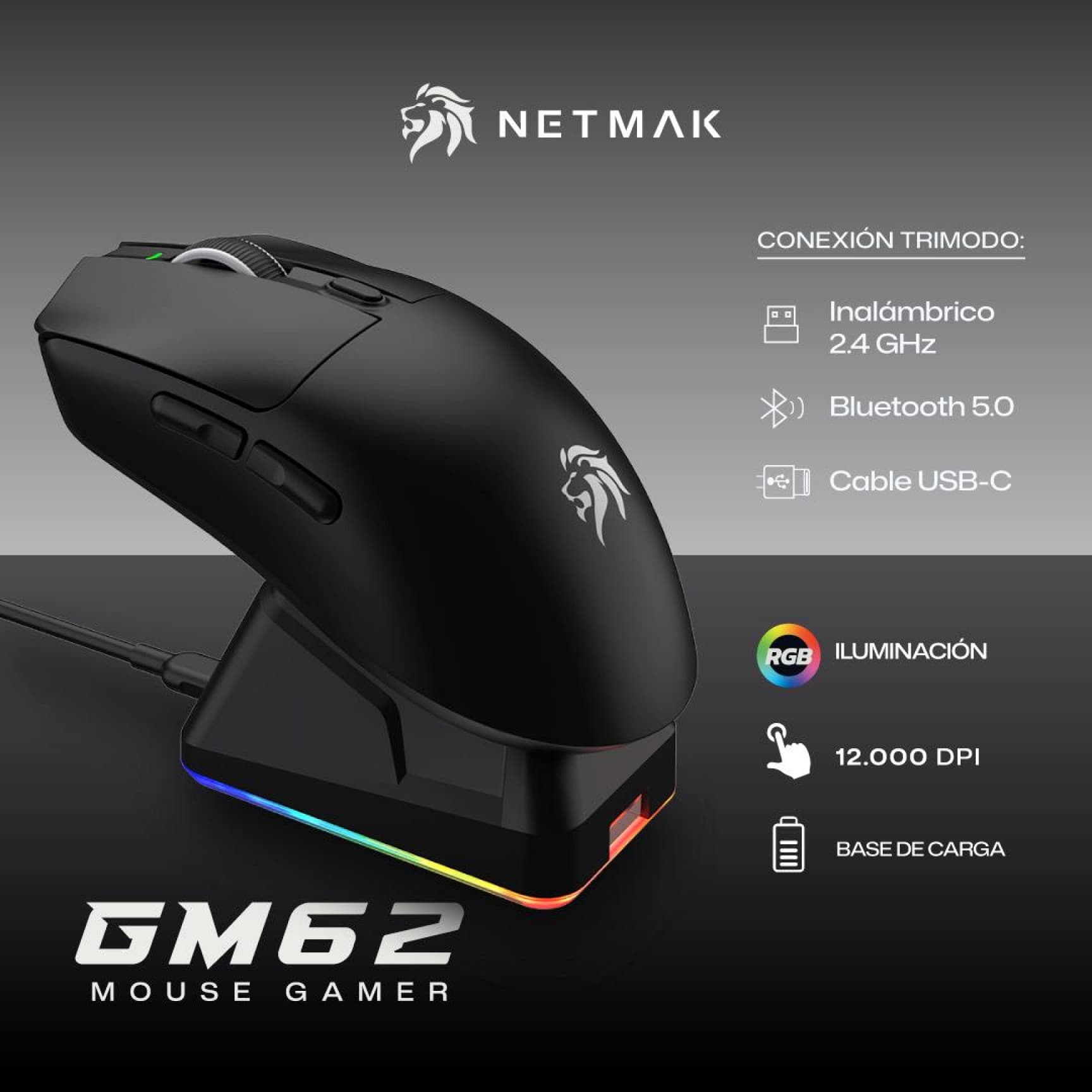 Mouse Gamer Inalámbrico Tri-Modo Netmak NM-GM62 con Base de Carga y RGB