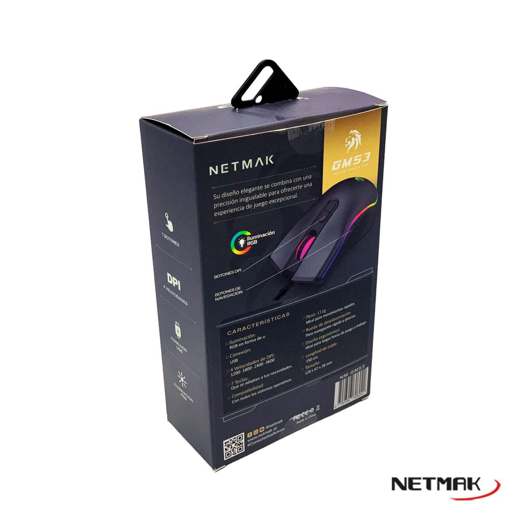 Mouse Gamer USB Netmak NM-GM53 7 Botones RGB 3600 DPI Ergonómico